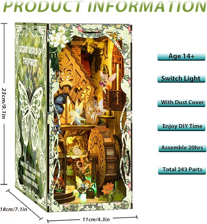 ISSEVE Book Nook Kit, DIY 3D Wooden Puzzle Dollhouse Booknook for Adults, Tiny Miniature House Kit Bookshelf Decor with LED Light and Dust Cover, Gifts for Family and Friends (Forest Secret World)