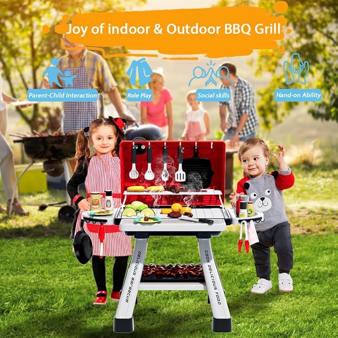 Barbecue Grill Toy Set, Kids BBQ Grill Playset with Smoke Sound Light Simulation Camping Cooking Interactive Toys Christmas Birthday Gift for Toddlers Girls Boys 2-6