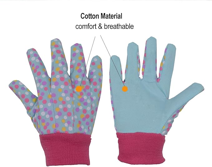 HANDLANDY 2 Pairs Kids Gardening Gloves, Girls Boys Children Garden Work Play Gloves (Pink Butterfly & Dot, Medium)