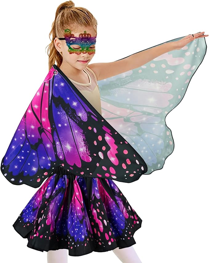 Butterfly Costume for Girls Fairy Wings Kids 4 Pcs(Cape,Skirts,Masks,Hair Clips) Butterfly Wings for Halloween Gifts