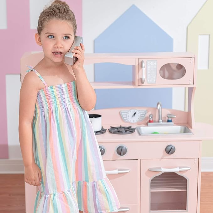Teamson Kids Little Chef Wooden Westchester Retro Kids Play Kitchen Playset, for Toddlers Child Children Boy Girl, Pink