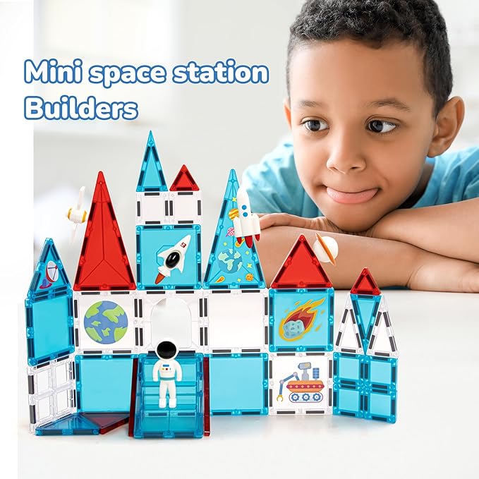 Space Exploration Magnetic Tiles (39PCS),STEM Building Set with Rocket & Astronaut,Preschool Learning Building Set for Ages 3-8, for Boys Girls (Satellite, Spaceship)