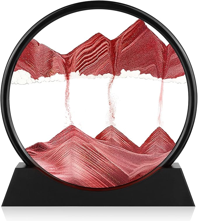 Moving Sand Art Picture - 3D Quicksand Painting Decor - Round Glass 3D Deep Sea Sandscape - Relaxing Home Decoration Desk Toys for Home Office Desk Mantle Bookshelf- (Red, 12 in)