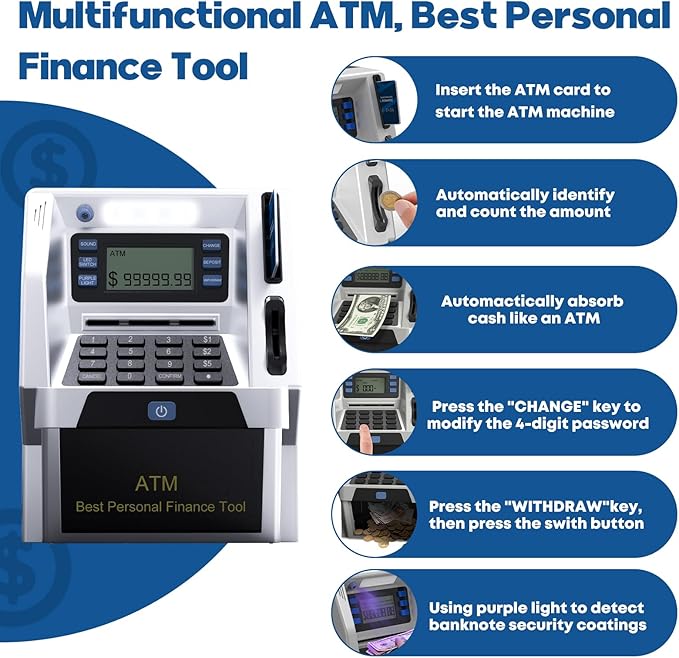 Blingbin Upgraded ATM Piggy Bank for Kids, ATM Bank Machine for Real Money with Debit Card, Bill Feeder, Coin Recognition, Balance Calculator, Electronic Saving Safe Machine Box for Boys Girls Gift