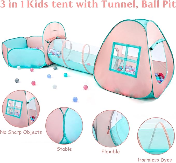 3 in 1 Pop Up Kids Play Tent with Tunnel and Ball Pit for Kids, Boys, Girls, Babies and Toddlers, Indoor/Outdoor Playhouse,Orange Pink/Light Green