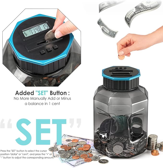 X-Large Piggy Bank for Adults Kids, Vcertcpl Digital Coin Counting Bank with LCD Counter, 2.4L Capacity, Great Coin Counter Bank Money Counting Jar with Total Amount Displayed (Gray2, X-Large)