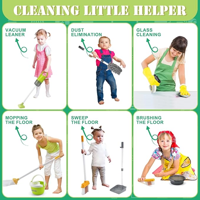 Toddler Cleaning Set, Kids Cleaning Toy Set with 2 in 1 Kids Vacuum That Really Works, Mop, Broom, 14Pcs Pretend Play Home Cleaning Playset for Toddler Ages 3+, Birthday Gift for Girls Boys (Red)