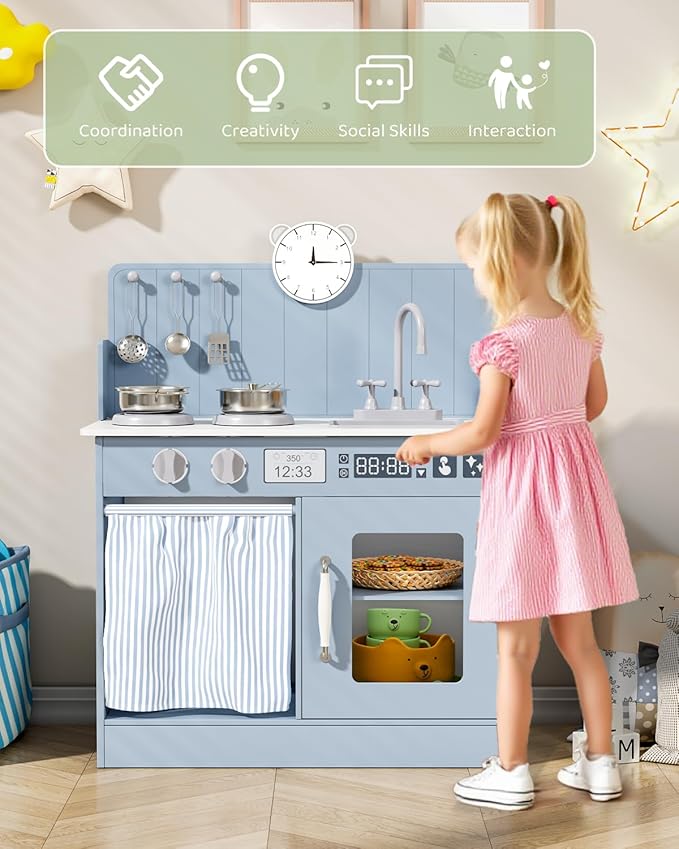 MAMIZO Kids Kitchen Playset with Ample Storage, Interactive Play Kitchen with Simulated Gas Cooker, Clicking Knobs, Sink, Faucet, 6 Pcs Cookware, Educational Clock for Toddlers (Blue)