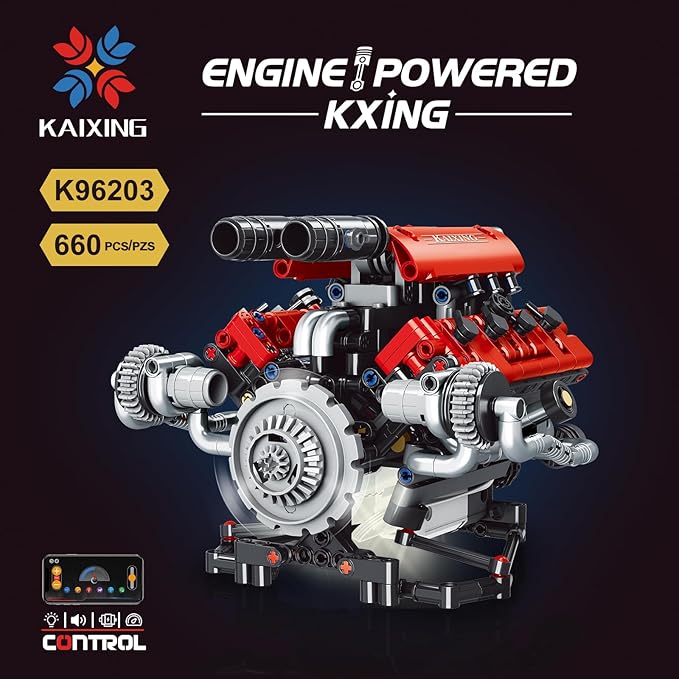 Sports Car Engine Building Blocks Kit,V8 Engine Model That Work Toy,with Motor, LED Light & APP Control for 6+ Years Kids Adults (660 Pieces)