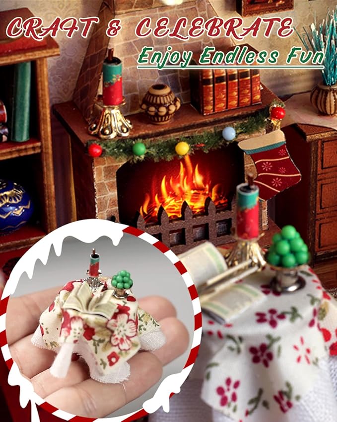 Miniature House Kit – Warm Christmas Lodge, DIY Wooden Dollhouse with LED & Music Box, Tiny House Craft Gift for Teens Families Friends