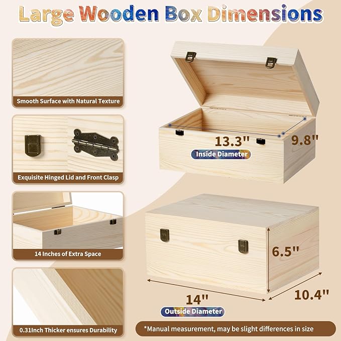 Large Wooden Box 14'' x 10.4'' x 6.5'' Unfinished Wood Box with Hinged Lid Wooden Boxes for Crafts,Storage,DIY, Large Keepsake Wood Unfinished Pine Box for Paint,Wood Burning