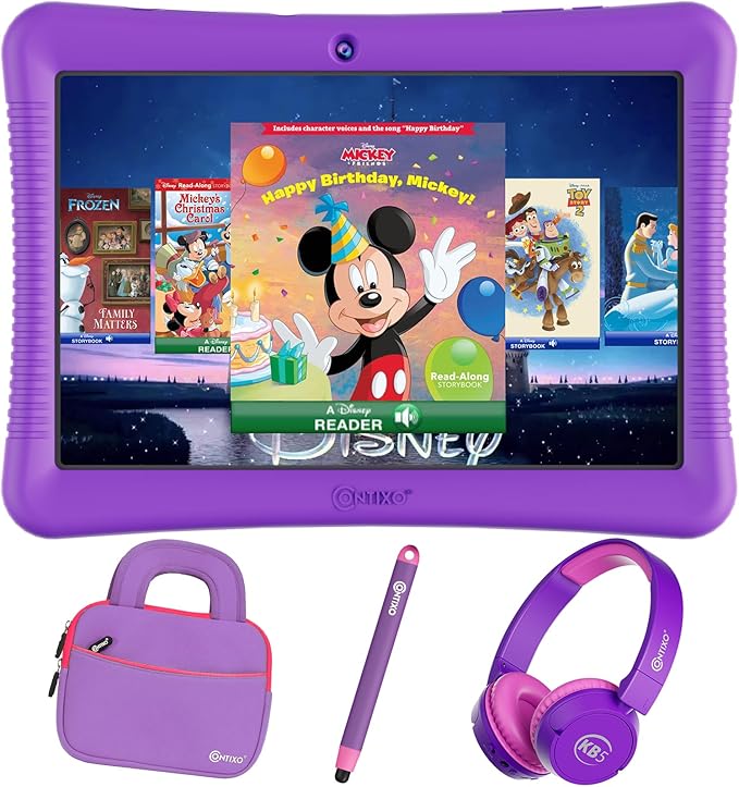 Contixo 10" Android Kids Tablet Bundle - 32GB, 80+ Disney Storybooks ($350 Value), Parental Controls, Kid-Proof Case w/Kickstand & Stylus, Headphones & Sleeve Bag - Purple