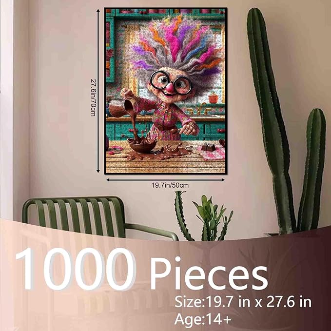 Rainbow Hair Grandma Jigsaw Puzzles for Adults 1000 Pieces Vintage Kitchen DIY Puzzles for Challenging Family Activity Games Elderly Lady Art Jigsaw Puzzles Home Wall Decor Craft Gifts 20x27 Inches