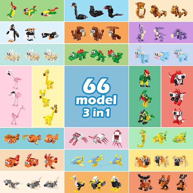 22 Pack Party Favors for Kids – 3-in-1 Animal Building Block Toys, Featuring 66 Designs, Goodie Bag Stuffers, Classroom Rewards, Birthday for Kids Ages 6-12