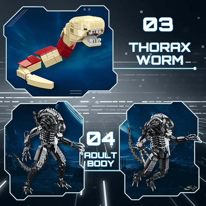 HIGH GODO Alien Mech Xenomorph Warrior Building Sets for Adult, Horror Action Figure Toy with Base,Gifts for Boys Aged 8-14, Perfect for Birthdays Christmases Halloweens, 882 Pieces