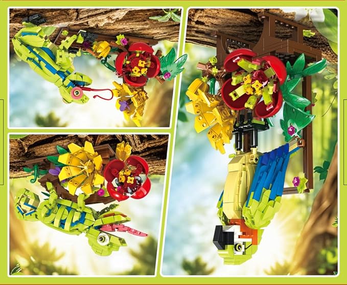 HOGOKIDS 3 in 1 Flowers Frog Parrot Lizard Building Set - Botanical & Animals Figures Building Toy for Home Office Art Decor Display Transforms Model Learning Gift for Adults Kids Boys Girls(672PCS)
