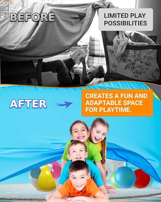 Skywin Inflatable Tent for Kids (Camo Dark Grey), Inflatable Air Tent for Kids Sets Up and Stores Away in Seconds, Improved Blow up Fort (Fan NOT Included) (Beach Ball Blue)