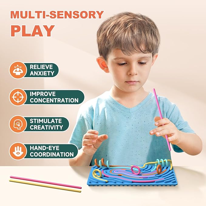 Sensory Fidget Toys for Kids,Silicone Sensory Activity Board for Stress,Soft Worry Toys for Calm Down Corner Supplies,Play Therapy ,Portable Travel Bag & 15 Strings,Simple Dimple Fidget Toys