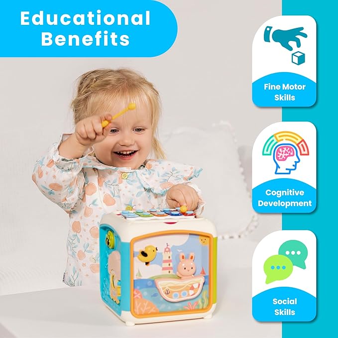 PlenPLAY 7-in-1 Activity Cube for Toddlers 1-3 - Educational Toy with Shape Sorter, Abacus, Xylophone, Peekaboo, Slides, and Gears - Sensory Toys for Toddlers 1-3