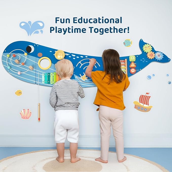 OOOK Whale Wall Busy Board Panel, Montessori Sensory Toy, Toddler Learning Activity Center, Toddler Learning Activity Center, Interactive Toys, Wooden Sensory Wall Develops Kids Skills in All Aspects