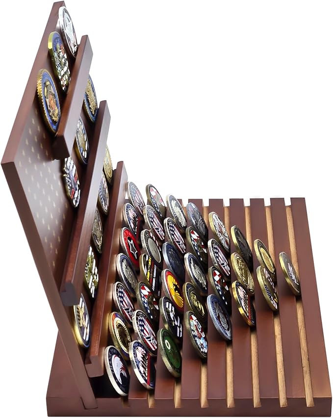 PiaoHao Challenge Coin Display Stand Military Coin Holder Wooden Rack Holds 80 Coins (Red)