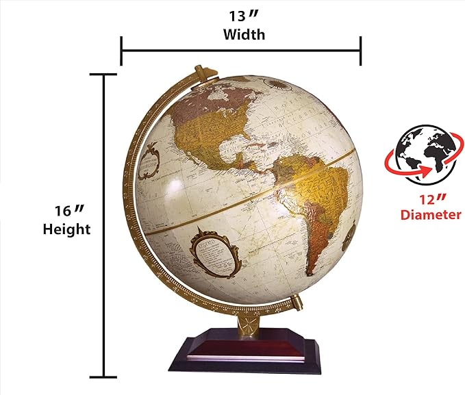 Replogle Andorra Globe, 12" Desktop World Globe, Raised Relief, Up-to-date Cartography, Smart Intelli-enabled World Map, Made in the USA, Antique