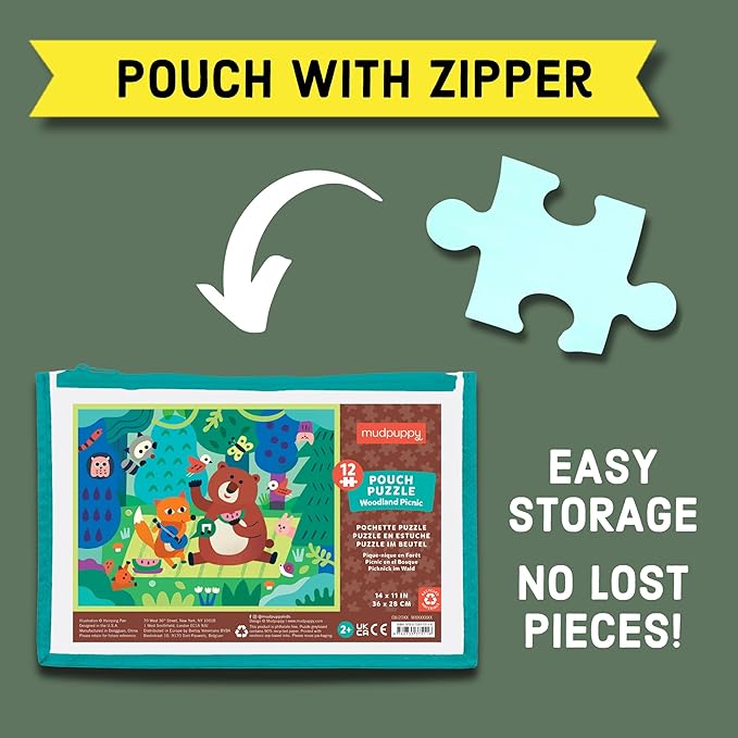 Mudpuppy Woodland Picnic – 12 Piece Puzzle with Reusable Zipper Pouch Featuring Colorful and Fun Illustrations of Forest Animals Perfect for Easy Storage and Travel