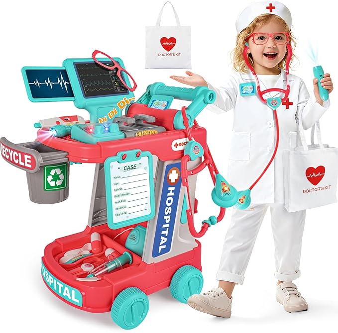Upgraded Doctor Pretend Playset for Toddlers, Pretend Play Medical Toy Doctor Cart, Doctor Toy for Toddlers 3-5, Christmas Birthday Costume Role Play Dress Up Gift Ideas for Boys Girls