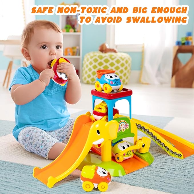 Marstone Toddler Toys for 1 2 Year Old Boys and Girls Gifts: Educational Elephant Slide with 4 Animal Car Toys for Baby 12-18 Months, First for Kids, Learning Push Truck Tracks Age 1-2