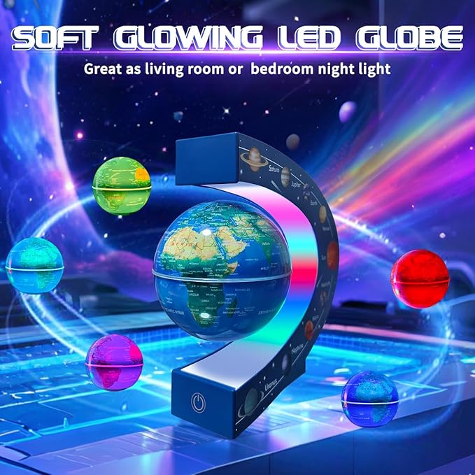 Magnetic Levitating Floating Globe with LED Lights, Cool Gadgets C Frame Globe Lamp for Men Father Husbands Boys Girls and Kids, Nine planetary solar systems Cool Tech Gift