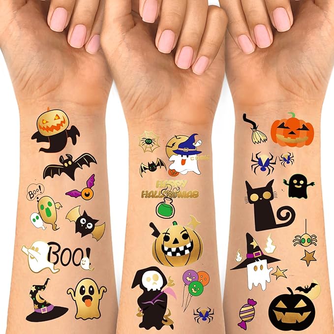 Halloween Temporary Tattoos For Kids Pumpkin, Ghost, Witch Halloween Party Favors for Boys or Girls- 126 pcs Golden Goodies Waterproof Fake Tattoos For Kids 6 7 8 9 10 11 12 years old