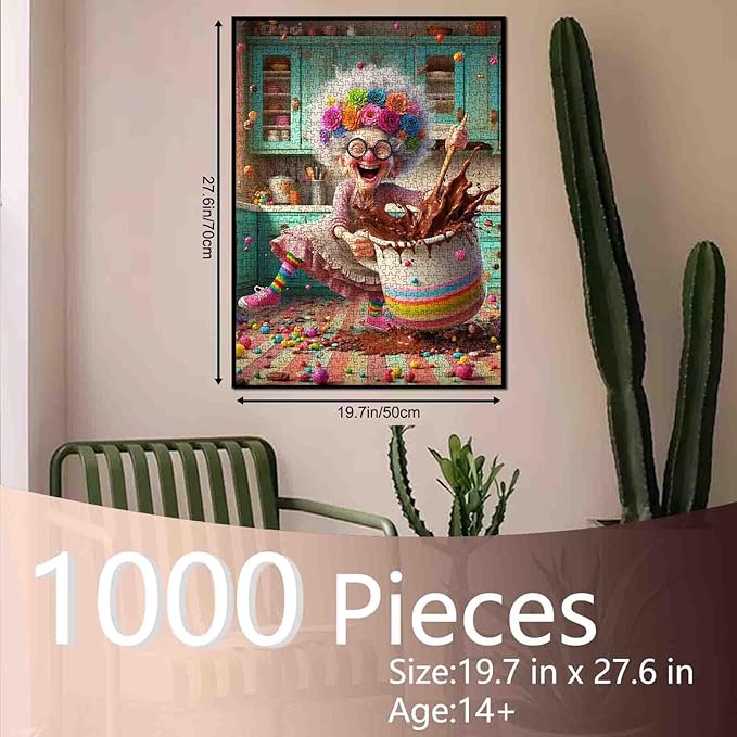Granny Baking Jigsaw Puzzles for Adults Colorful Kitchen Chaos 1000 Pieces Puzzles for Challenging Family Activity Games Chocolate Splash Art Jigsaw Puzzle DIY Craft Puzzles Home Decor 20x27 Inches