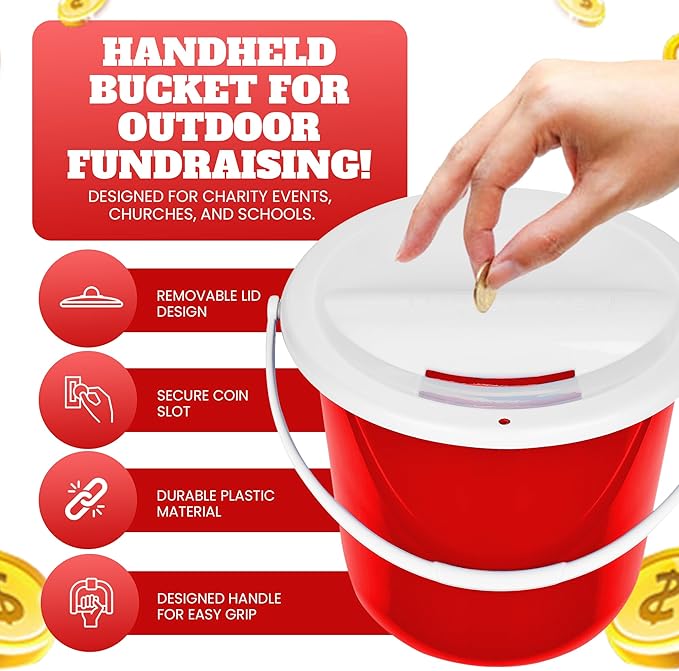 Plastic Street Charity Donation Can Coin Collection Bucket with 2 Security Stickers(Red, 4 Pack)
