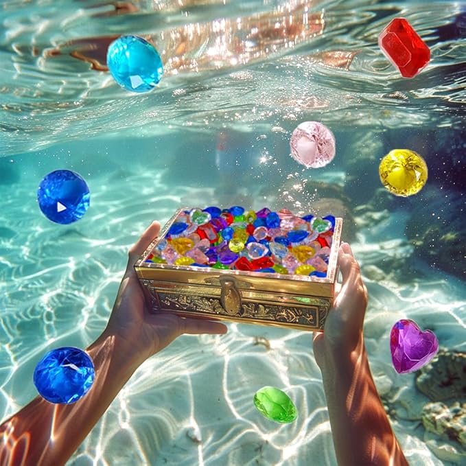 HappyFiller 82 pcs of Faux Acrylic Diamond,5 Sizes × 8 Colors Gems Treasure Gemstone Set Include Pirate Treasure Box Collection,Pool Scavenger Hunt Diving Jewels,Tabletop Decor,Party Favors