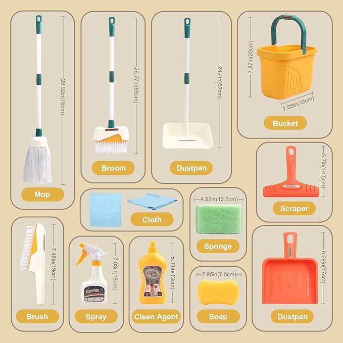 Coolplay 12pcs Mop and Cleaning Toys Set Kids Toddlers Pretend Play Broom Set, Detachable Broom Mop Dustpan for Kids Girl Toys