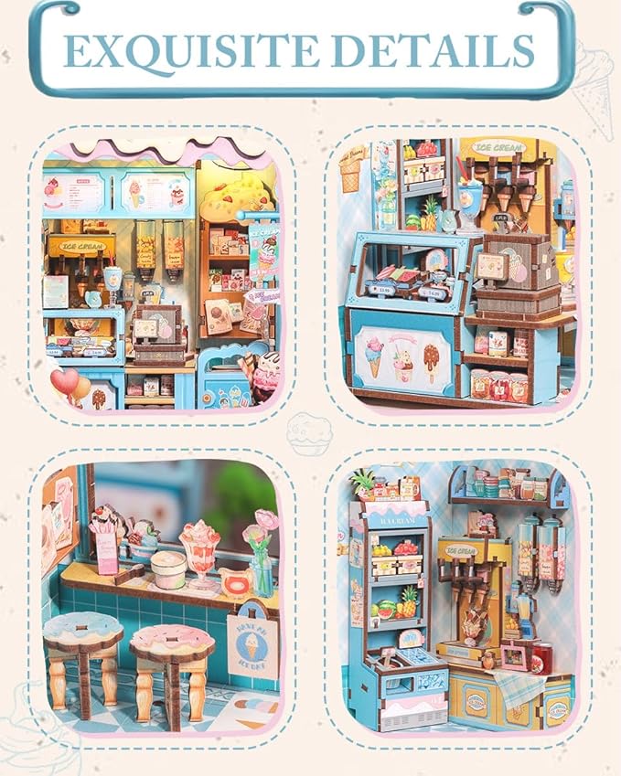 Cutefun Book Nook Kit - DIY Miniature Dollhouse Kit for Adults and Teens, Ice Cream Shop Mini House Building Kit with LED Bookshelf Insert Decor Creative Gifts (Bella's Ice Cream)