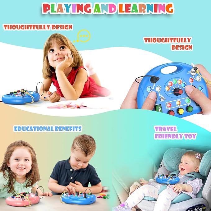 Busy Board with LED Light, Montessori Busy Board for 1+ Year Old, Sensory Toys for Toddlers 1-3, Fidget Board Travel Toys for Kids Preschool Learning Activities Boys Birthday (Blue)