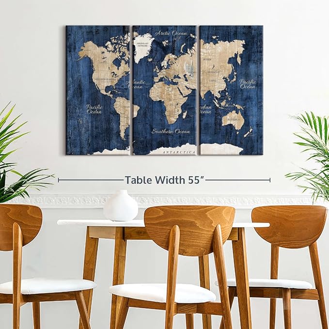 ElephantStock Aged Blue World Map II Canvas - 3 Panel Wall Decor - World Map Digital Art - Blue Wall Art - 50" X 32"