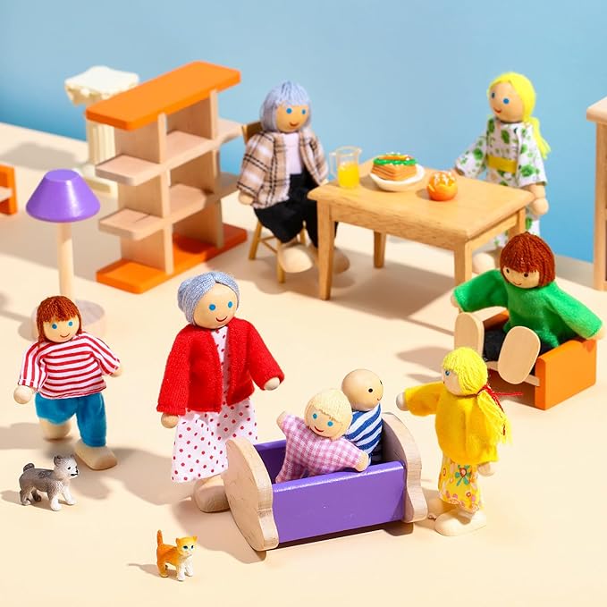 Skylety 10 Pcs Wooden Dollhouse Set of Mini People Figures Dollhouse Dolls Wooden Doll Play Figures Accessories(Bright Style)