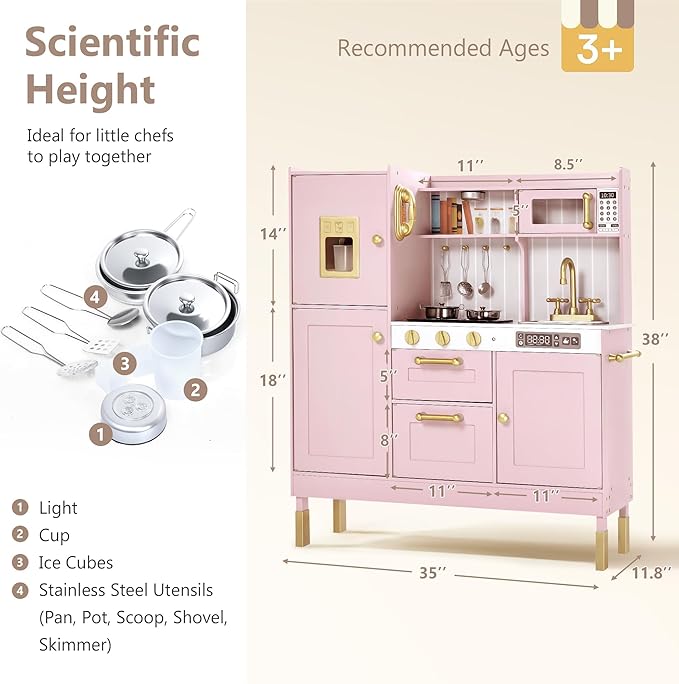Kinder King Wooden Kids Play Kitchen, Kitchen Playset for Toddler Kid, Play Kitchen Toy Set w/Real Sounds, Pretend Microwave Oven, Ice Maker, Telephone, Gift for Boys Girls Age 3+, Pink