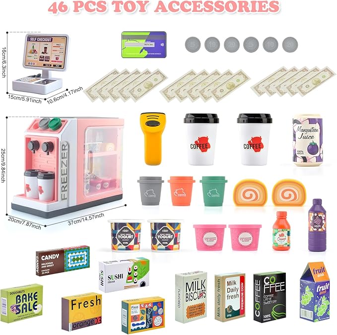 Pretend Play Cash Register Toy Set with Scanner, Play Money, Calculator, Coffee Machine and Play Food for Kids Ages 3+ (Pink)