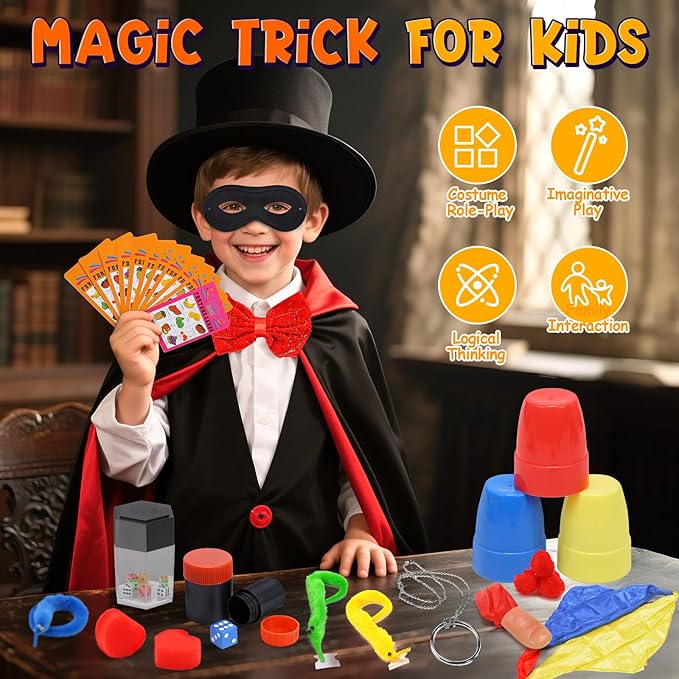 Skirfy Magic Kit,Magician Costume for Pretend Play, Magic Tricks for Kids Age 6-8, Magic Set for Beginners Boys Girls Birthday Gift 6 7 8 9 10 11 12