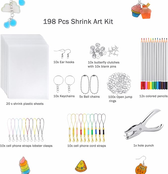 Auihiay 198 Pieces Shrink Plastic Kit Includes 20 Sheets Shrink Papers, Hole Punch, Keychain Accessories and Pencils for Shrinky Art and DIY Keychain Making Easter Mother Day Ornament