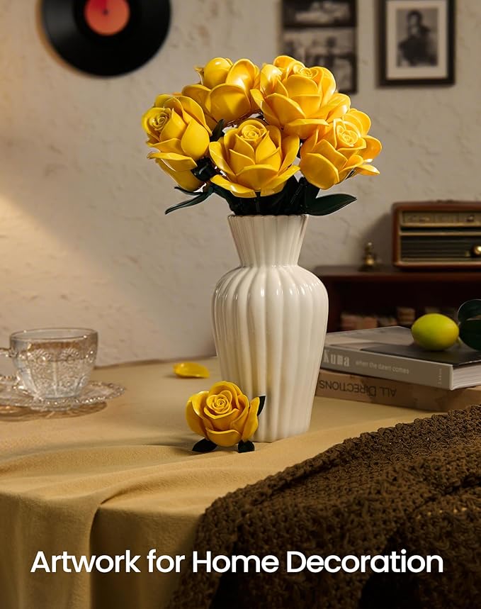 iATOM Yellow Rose Bouquet Building Set, Artificial Flowers Botanical Collection Kit for Adults, Warmming Home Office Table Centerpiece Decor - IA11019