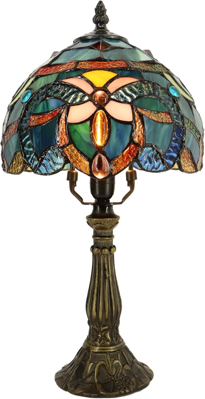 Small Tiffany Lamp Mini Accent Table Lamp Stained Glass Desk Memory Lamp Sympathy 8X14.5 Inch (Blue Baroque Style)