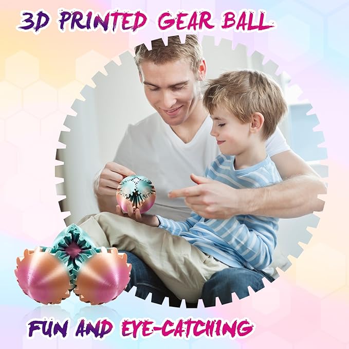 Gear Ball-3D Printed Gear Sphere,3D Printed Spin Ball Cube Fidget Toy,The Steampunk Whirling Wonder Fidget Ball Toy (Candy Rainbow)