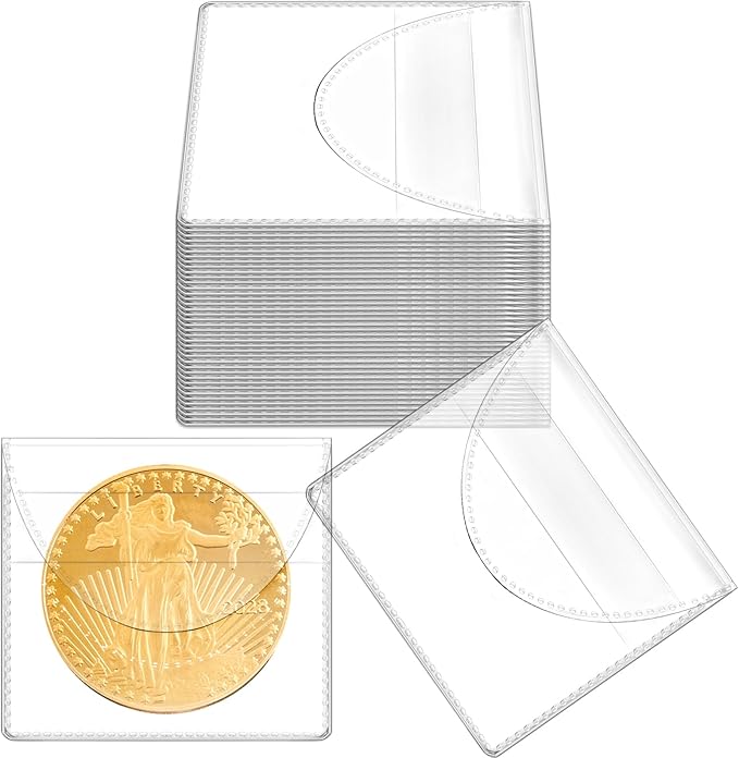 50PCS Single Pocket Coin Sleeves, 2.2 x 2.2 Inches Clear Plastic Holders, Individual Protectors, Small Pouches for Currency Bills Collectors