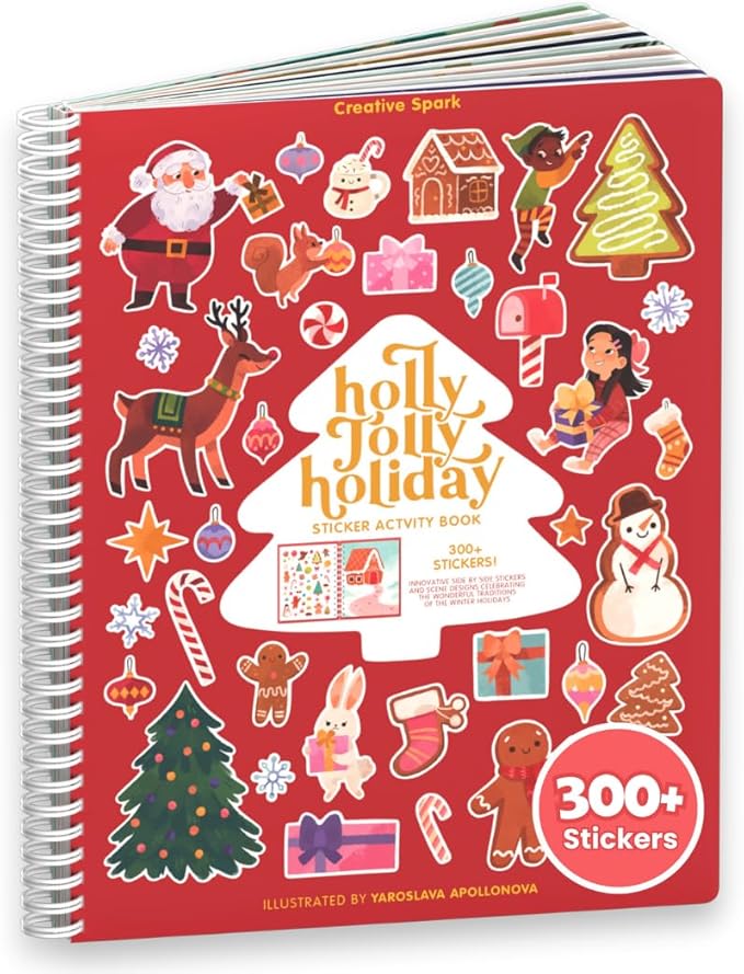 CUPKIN Holly Jolly Holiday Stickers for Kids Toddler Sticker Book, Santa Christmas Activity Book, Toddler Travel Essentials, 300+ Christmas Stickers + 8 Sticker Scenes and Coloring Pages