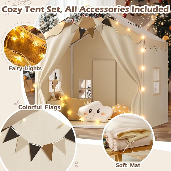 EagleStone 2-in-1 Kids Tent,Large Play Tent with Padded Mat and Lights,Kids Playhouse with 2 Doors & 4 Windows,2 Large Side Pockets,Indoor Outdoor Kid Play Tent for Toddlers,53" x40" x 51"