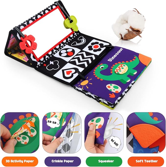 Tummy Time Floor Mirror with Crinkle Cloth Book and Teethers, Double-sided Baby Mirror Black and White High Contrast Baby Toys, Folding Crawling Activity Mat for Infants 3 6 12 Months (B-Mirror+Book)